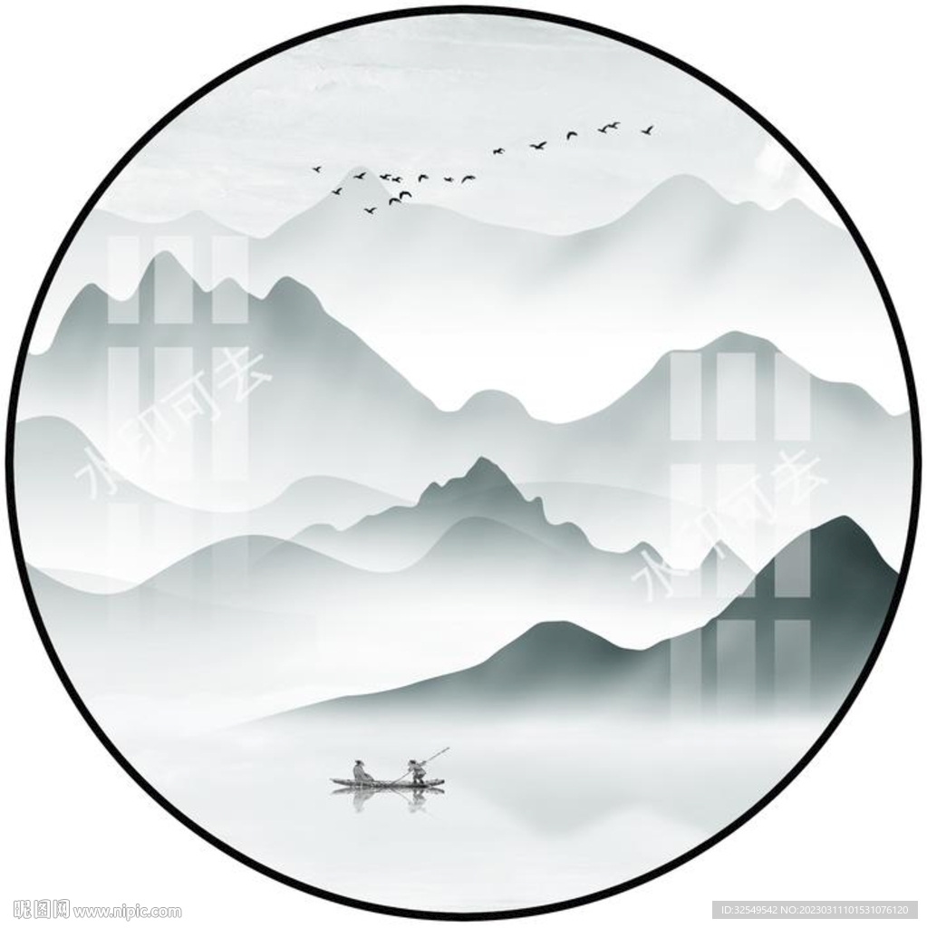 新中式水墨山水圆形装饰画