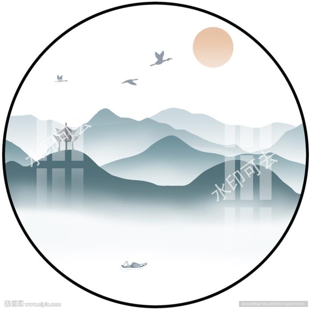 新中式水墨山水圆形装饰画