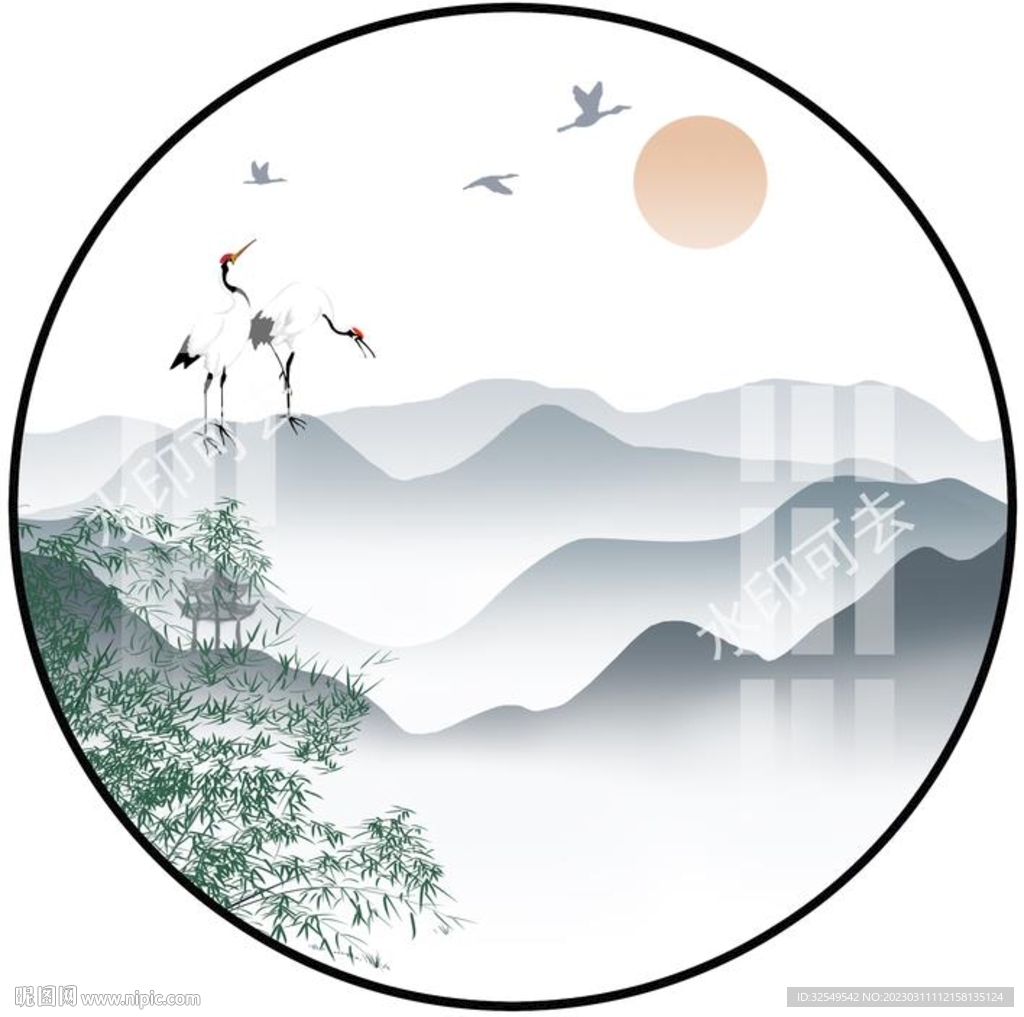 新中式水墨圆形山水装饰画