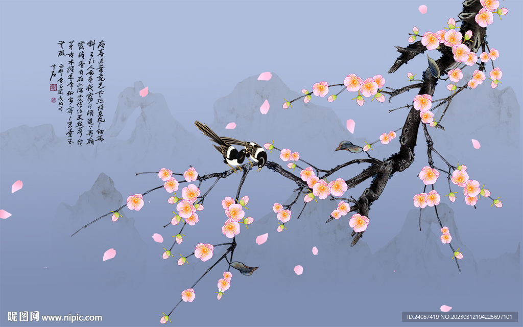 新中式工笔花鸟梅花背景墙装饰画