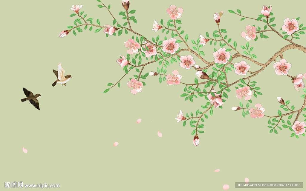 新中式手绘桃花工笔花鸟背景墙