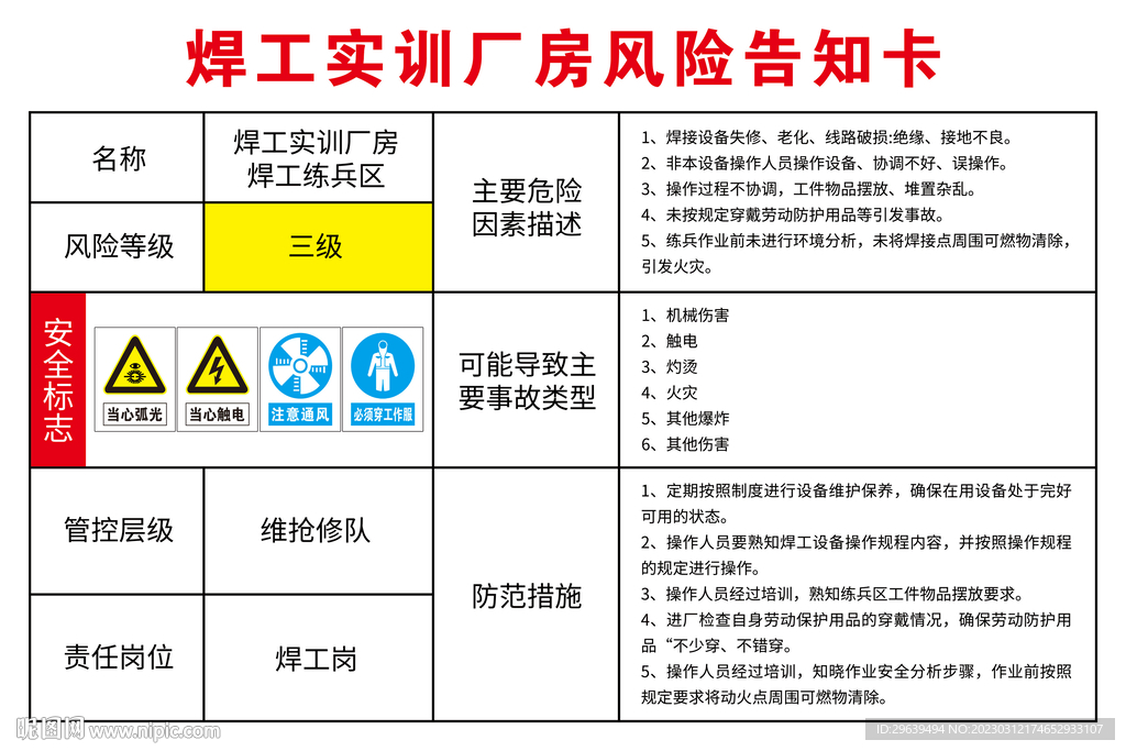 焊工实训厂房风险告知卡