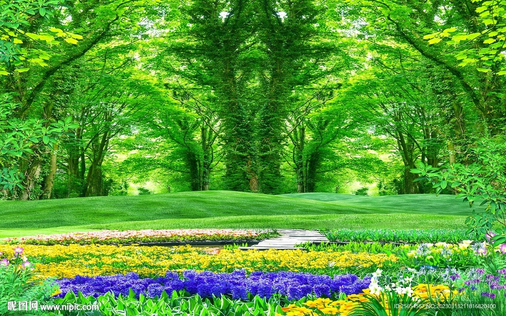 草地树林风景画背景墙