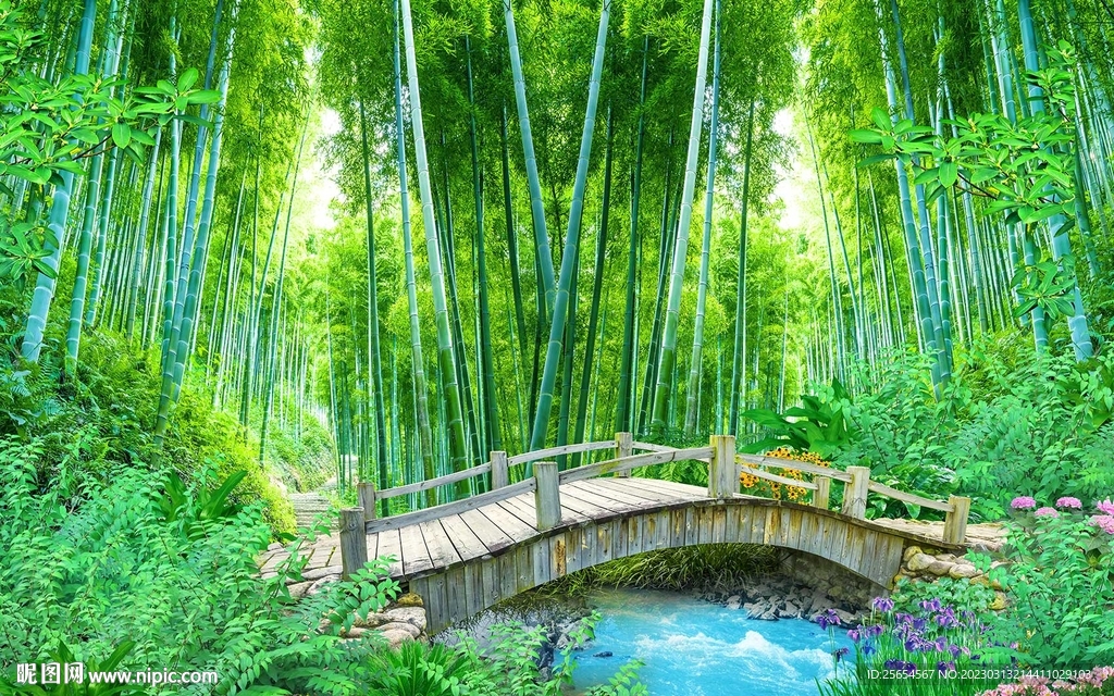 竹林木桥流水电视背景墙