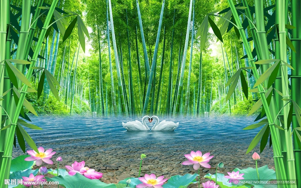 清新竹林瀑布风景电视背景墙