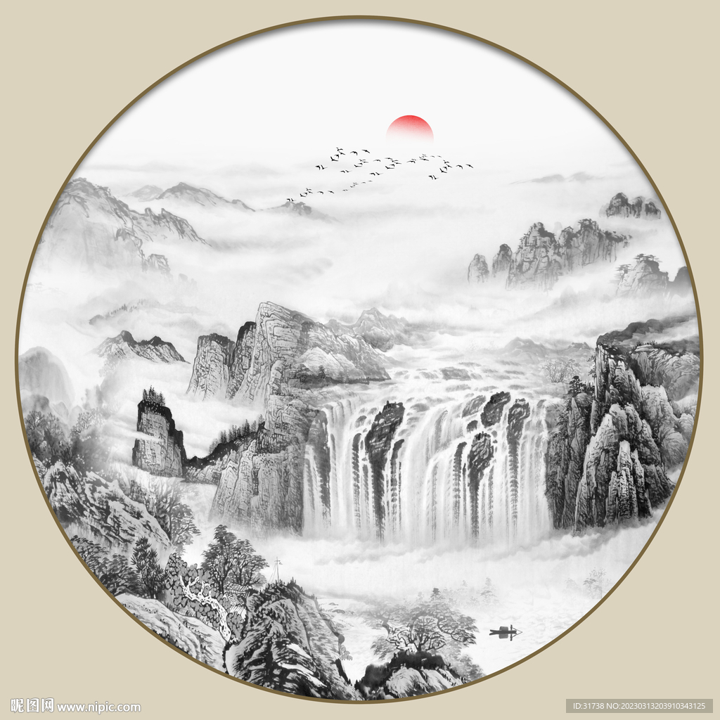 新中式圆形水墨画