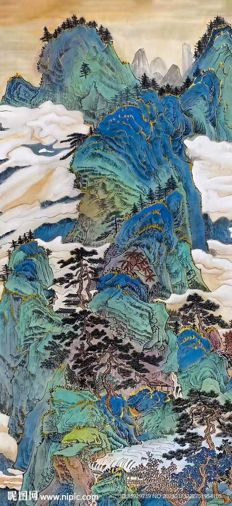 青绿山峰山水画