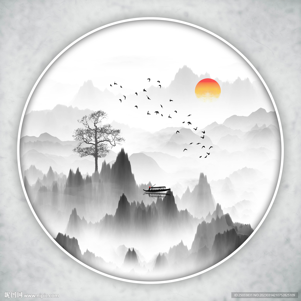 圆形山水画禅意水墨画 