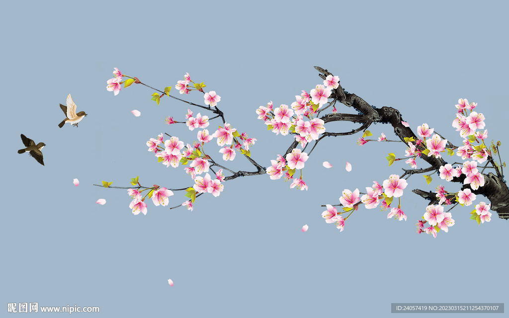 新中式工笔花鸟桃花背景墙装饰画