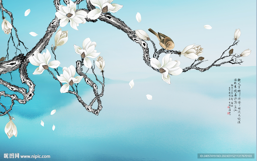 新中式工笔花鸟白玉兰背景墙