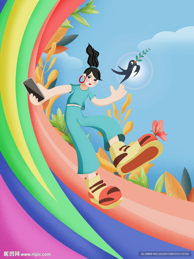 扁平夸张拿手机出去玩的女孩插画