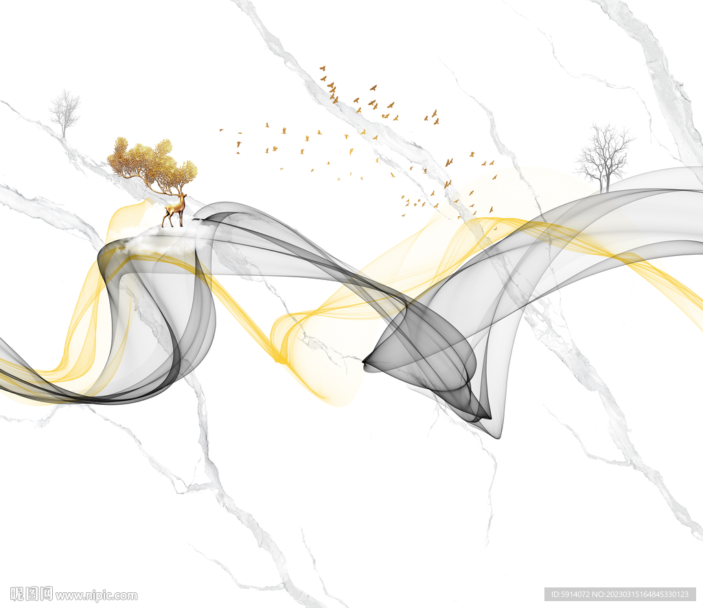 灰白根大理石背景墙 弧线麋鹿