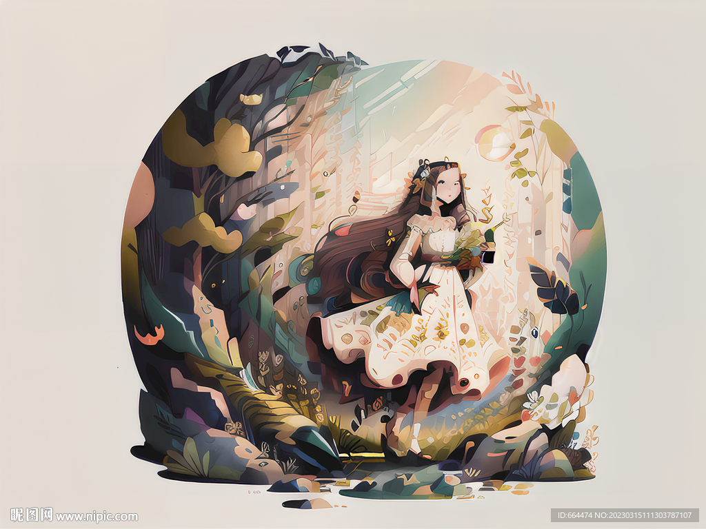 花丛里的女孩插画