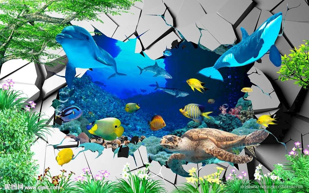 海底生物唯美3D背景墙