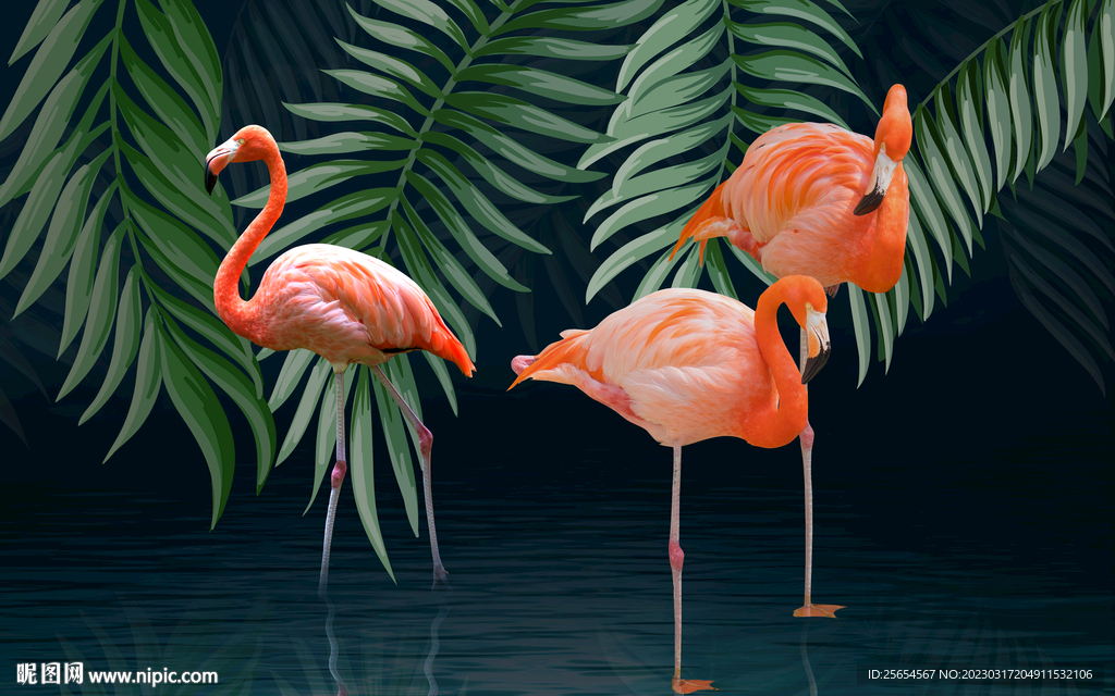 北欧简约热带植物火烈鸟背景墙