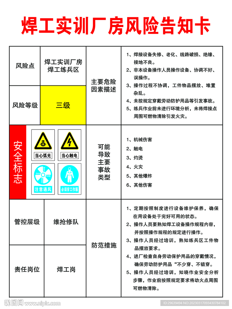 焊工职业病危害告知卡