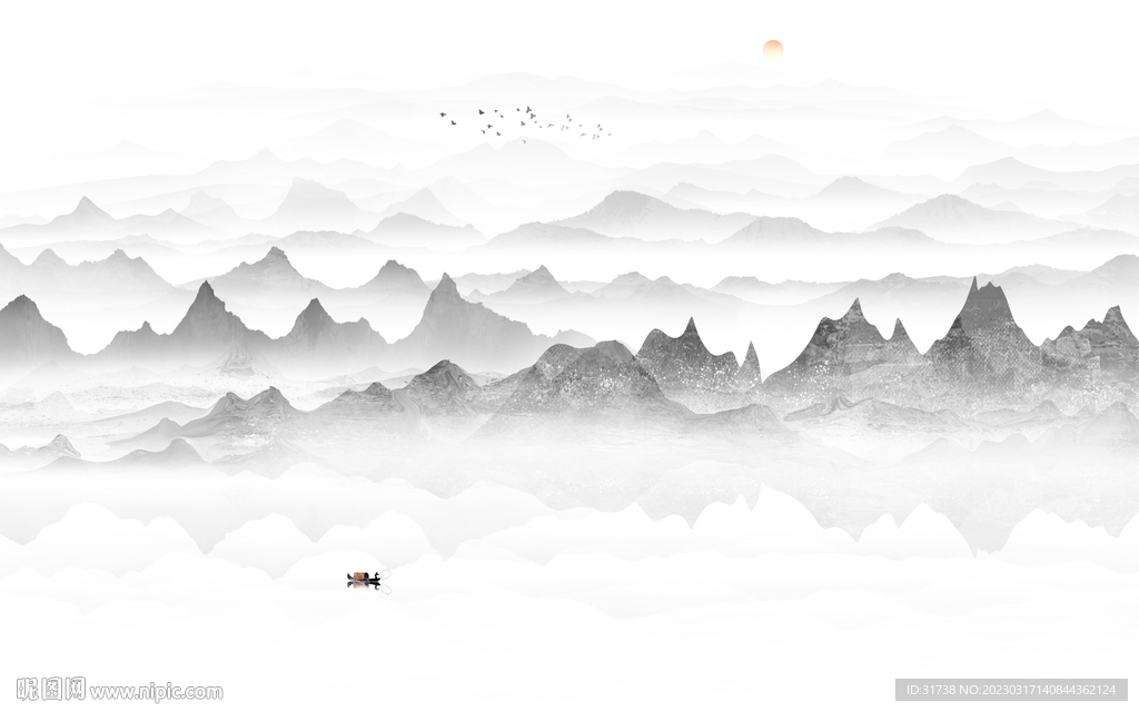 客厅灰色山水画背景墙