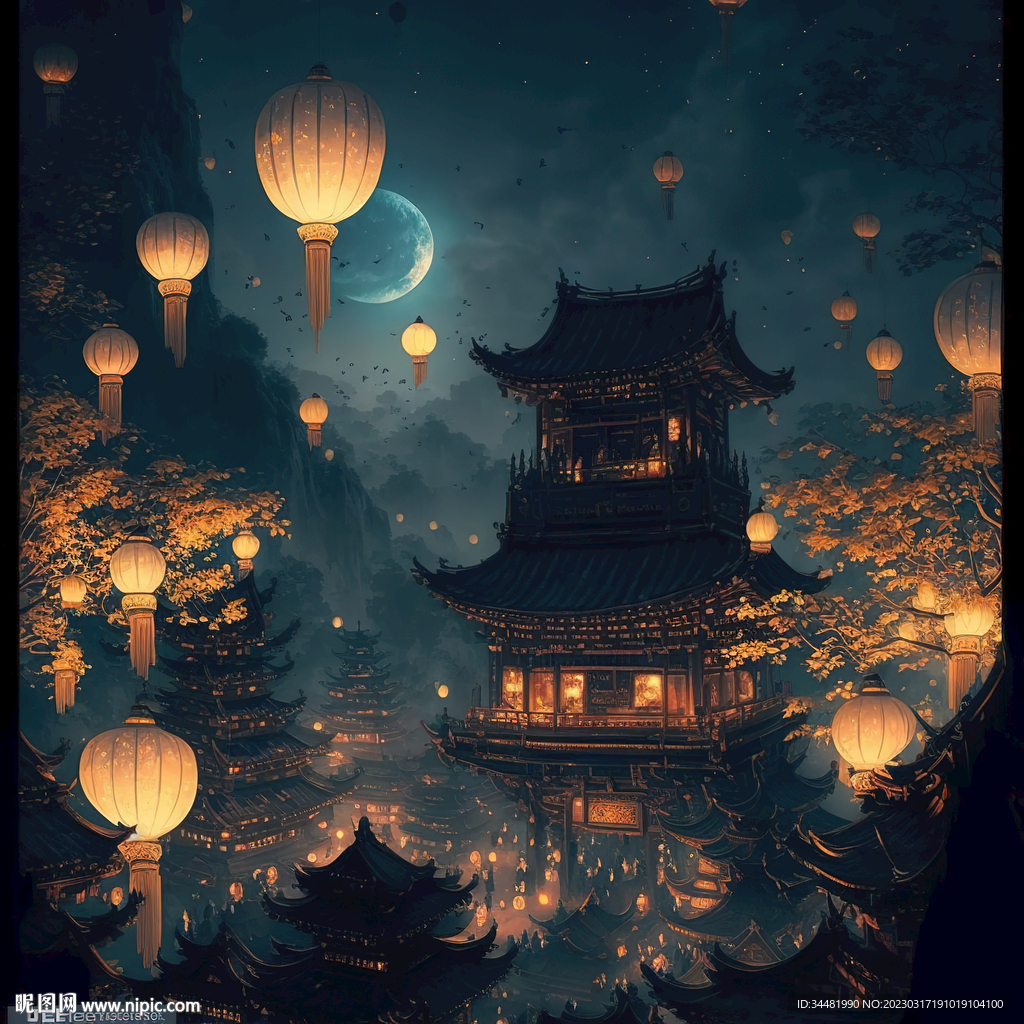 夜晚古建筑放飞灯笼