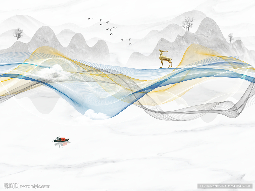 水墨山水画背景墙 装饰画 弧线