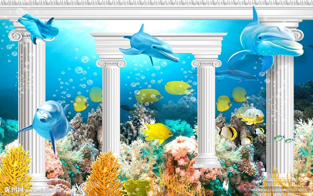 海底世界海豚3d立体罗马柱背景