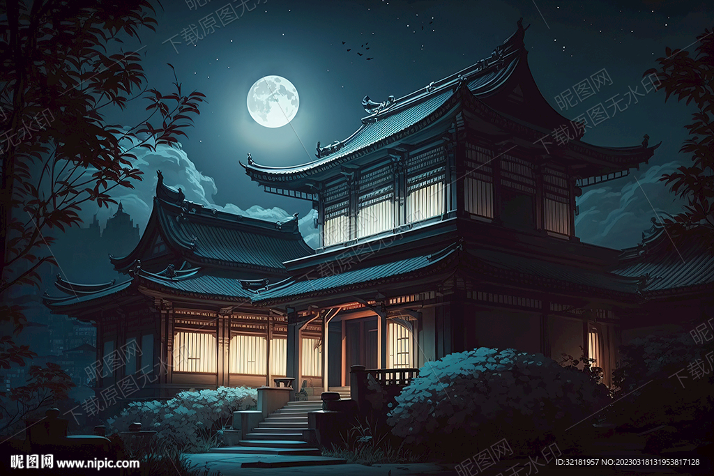 月光下的古代建筑