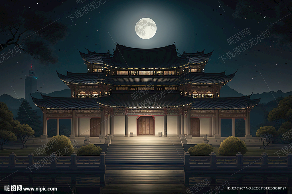 月光下的古代建筑