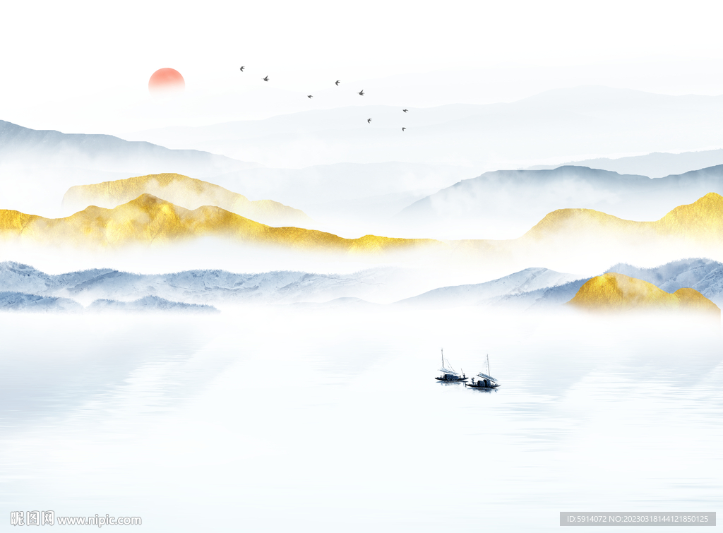 山水画背景墙 装饰画 日出