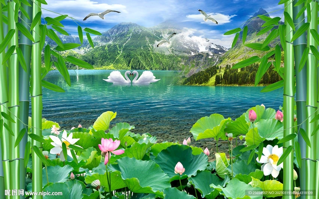 山水竹林荷花背景墙