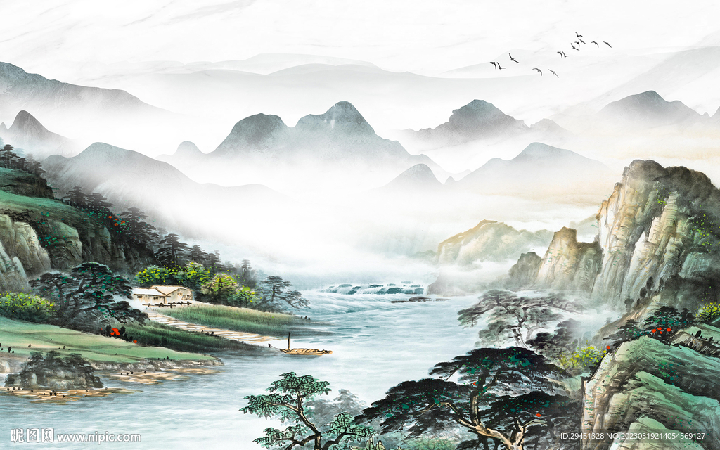 古风 客厅墙画山水 tif分层