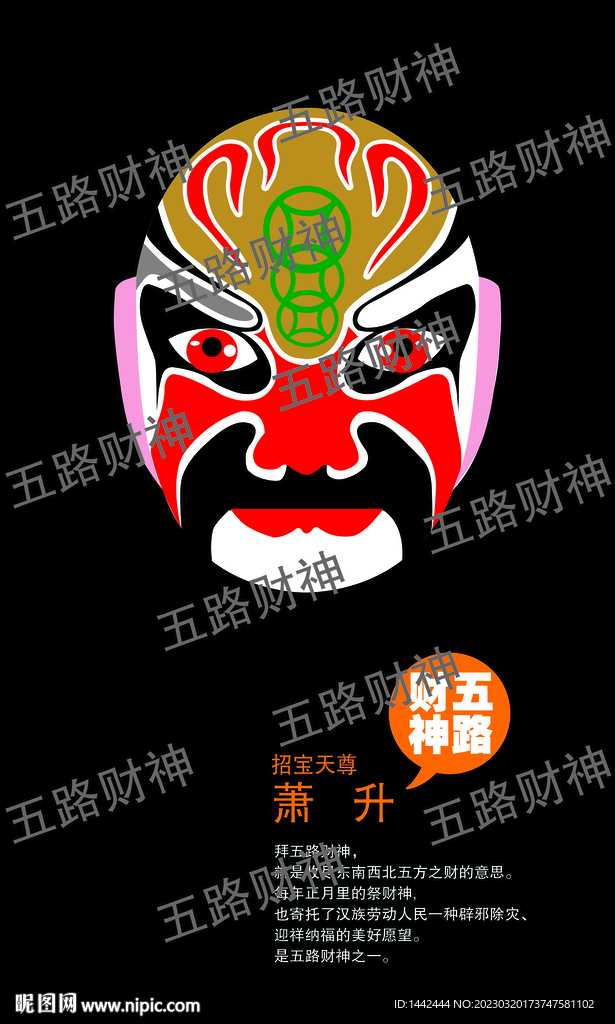 五路财神脸谱饭店装饰挂图