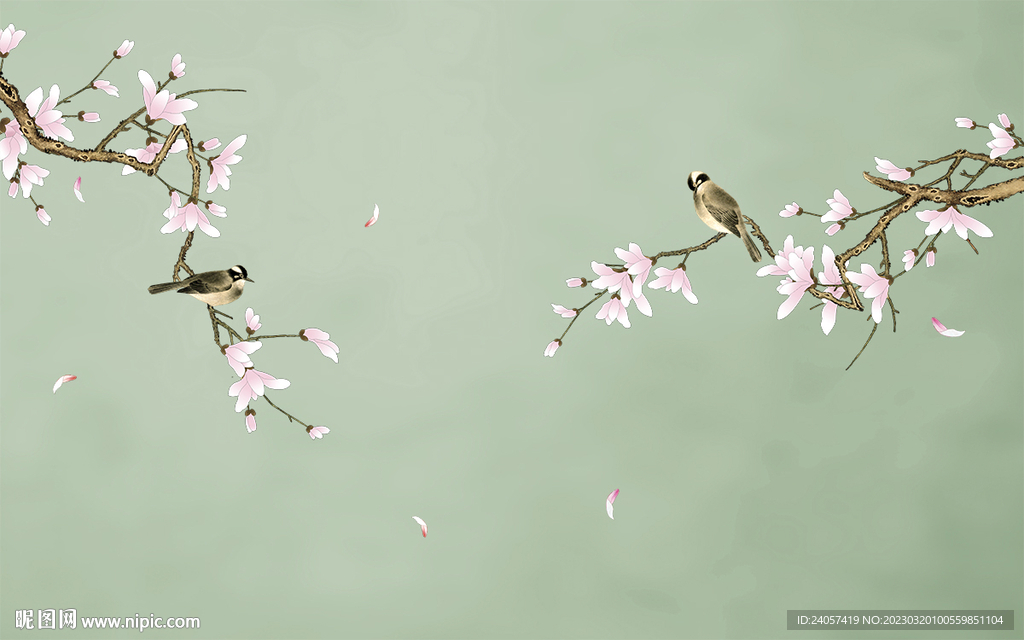 新中式玉兰工笔花鸟背景墙装饰画