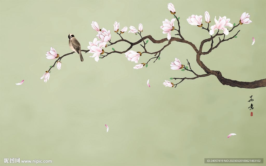 新中式玉兰工笔花鸟背景墙装饰画