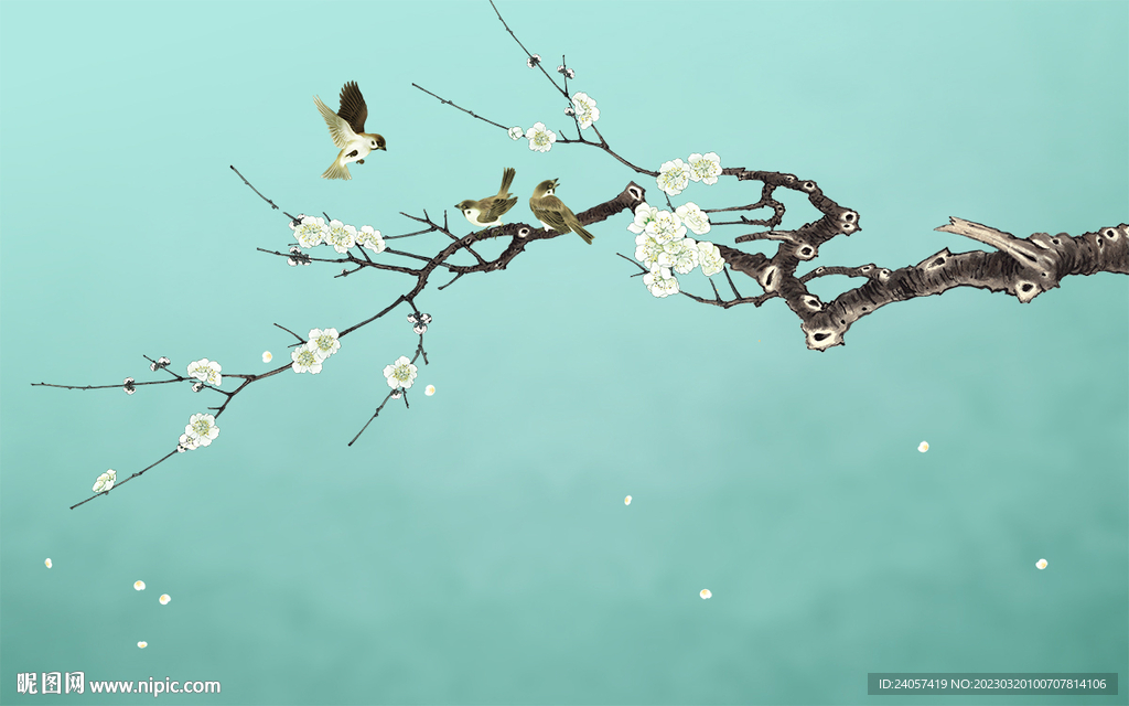 新中式工笔花鸟梅花背景墙装饰画