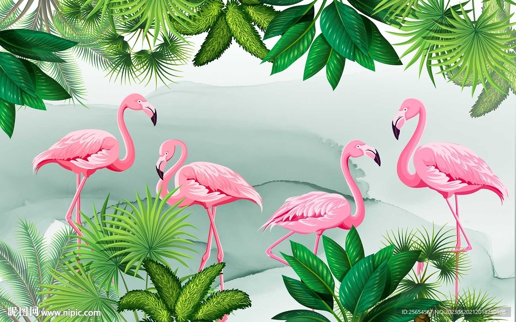 北欧热带雨林植物火烈鸟背景墙