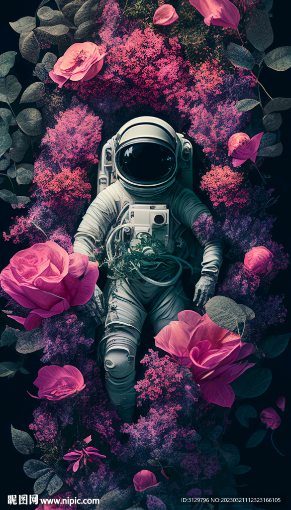 宇航员粉色花丛