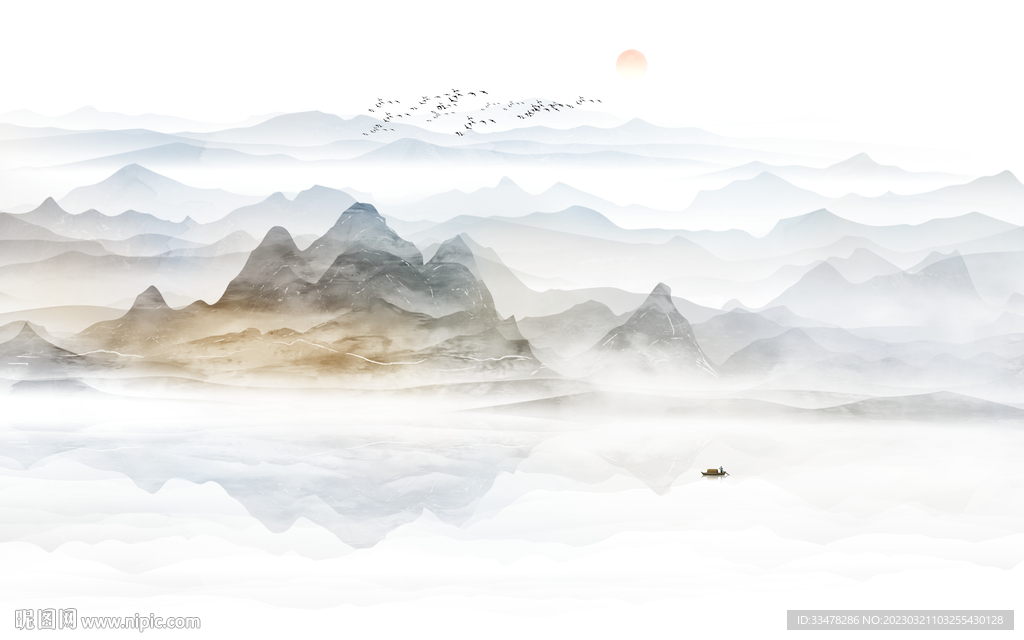 意境水墨山水画背景墙