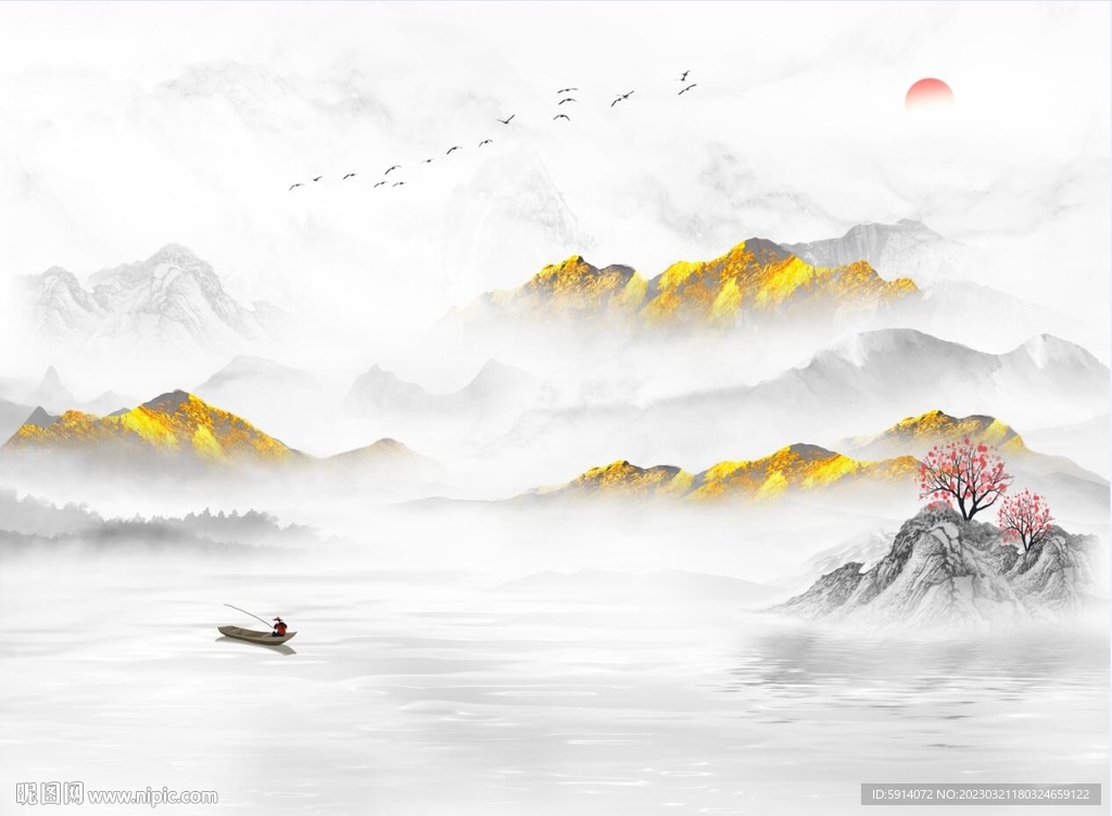 山水画背景墙 新中装饰画 日出