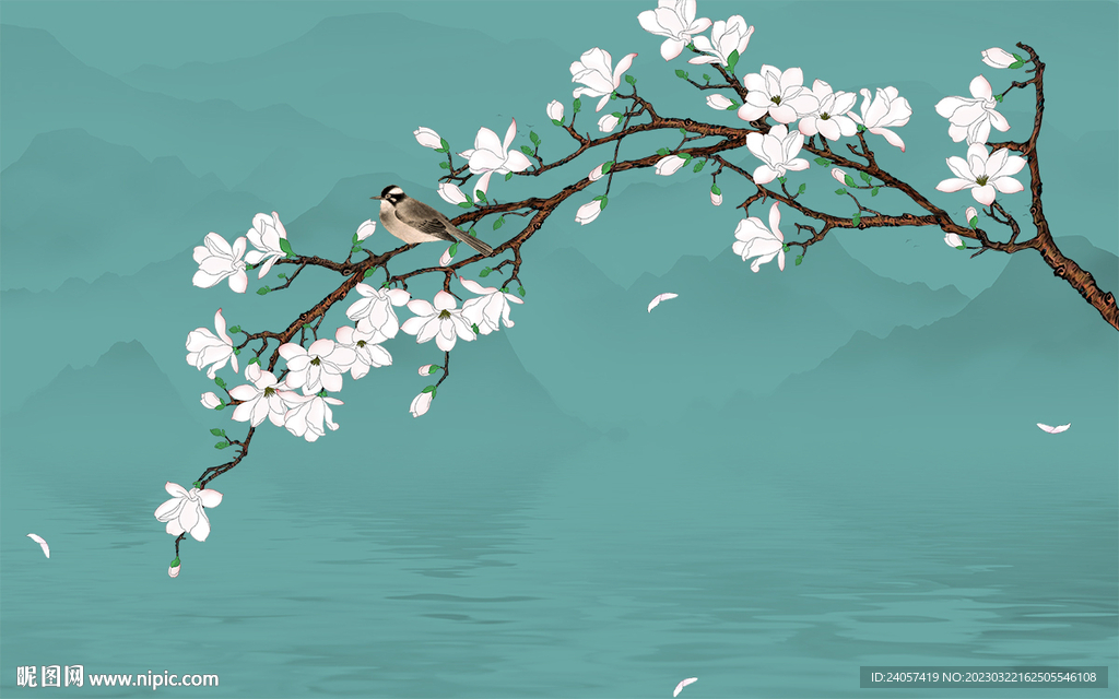 新中式白玉兰花鸟背景墙装饰画