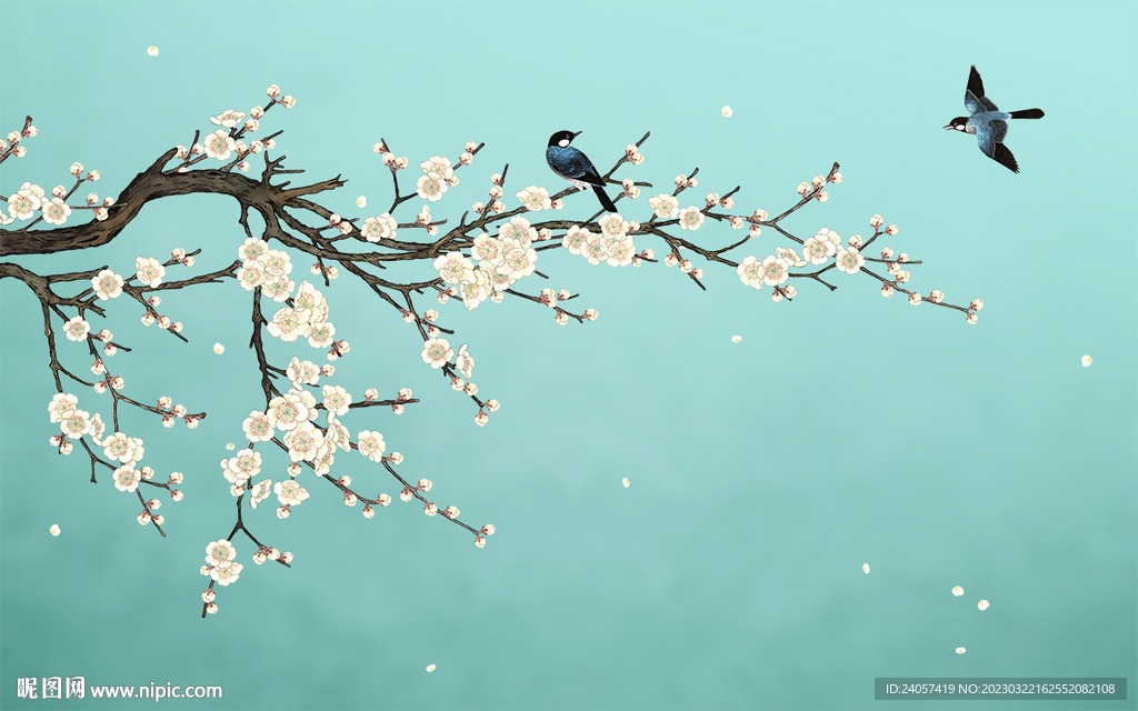 新中式工笔花鸟梨花背景墙装饰画