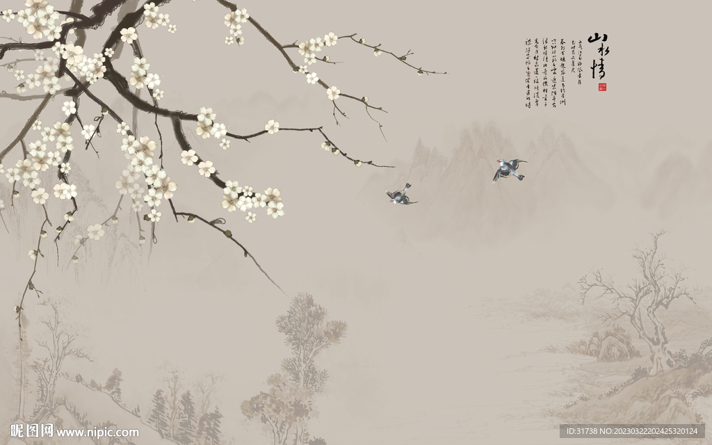 新中式花鸟画背景墙壁画