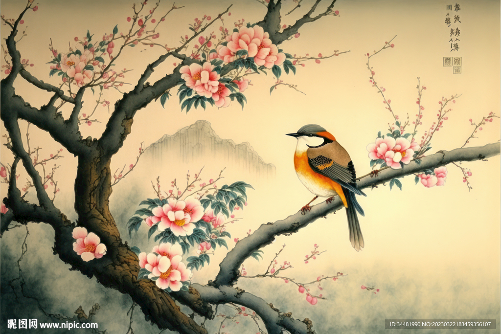 梅花小鸟中国画