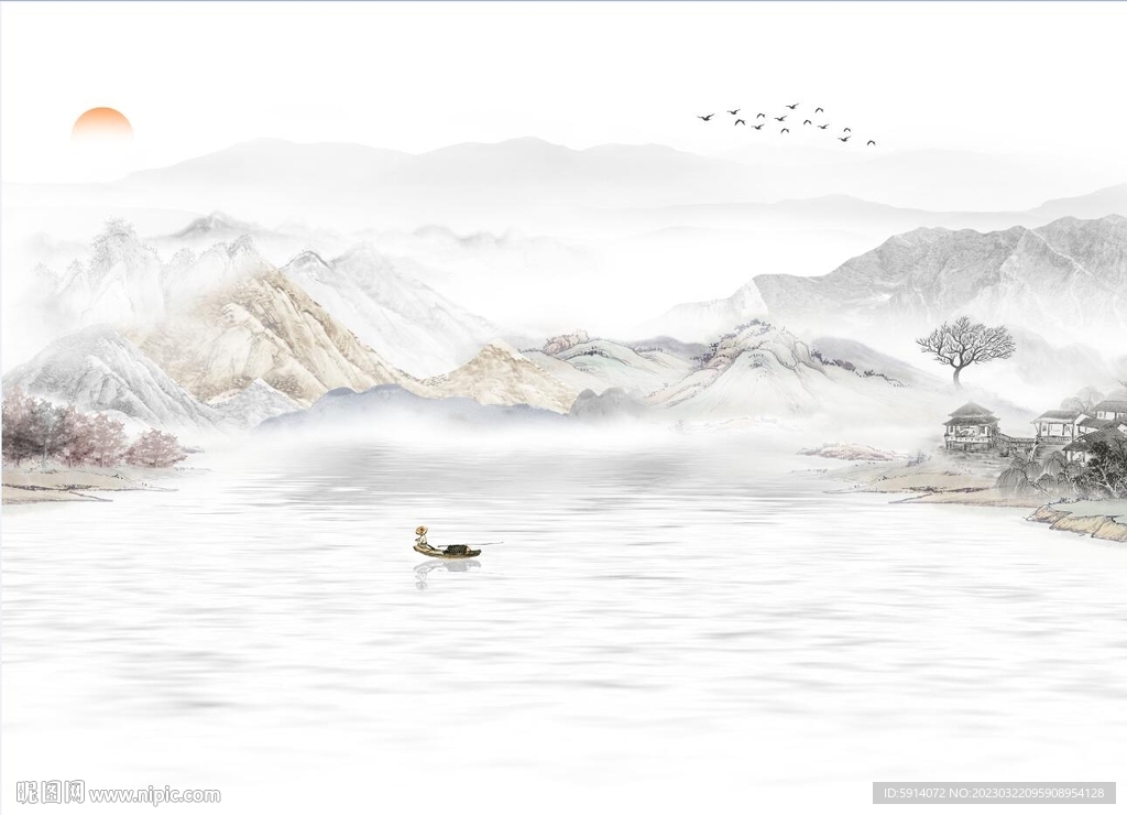 山水画背景墙 新中装饰画 日出