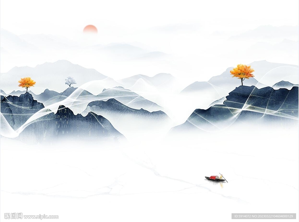 山水画背景墙 新中装饰画 日出