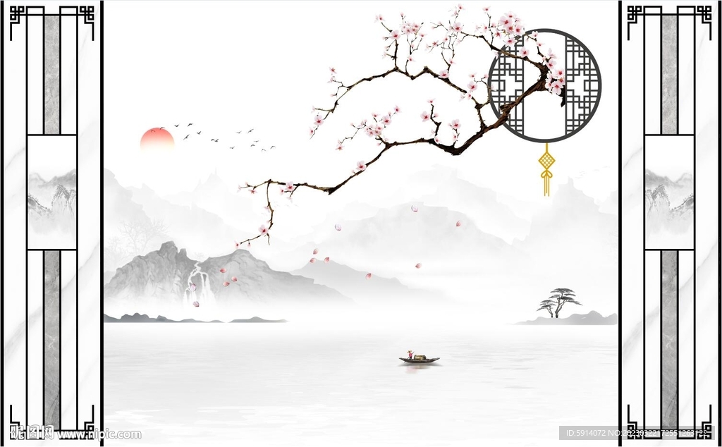 山水画背景墙装饰画 日出 梅花