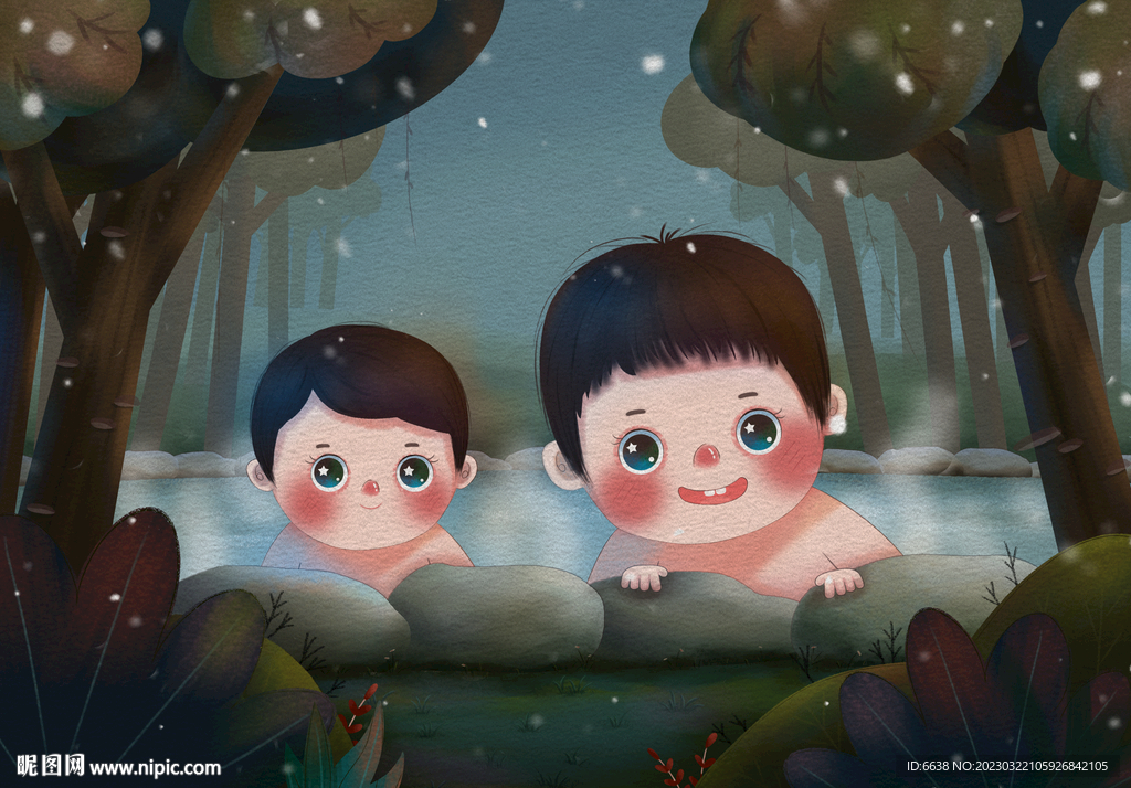 两个泡温泉的孩子插画