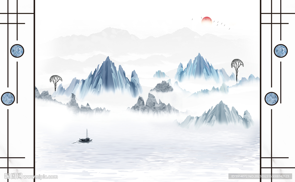 山水画背景墙 装饰画 日出