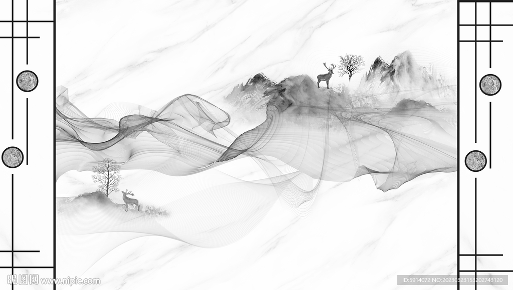 大理背景墙 山水画装饰画 弧线