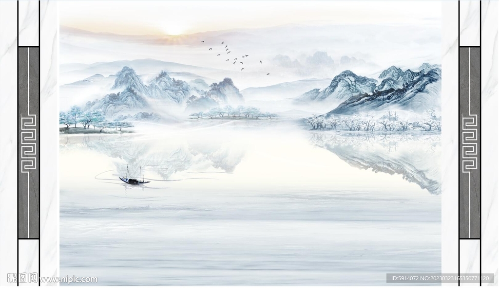 水墨山水画背景墙 装饰画 晚霞