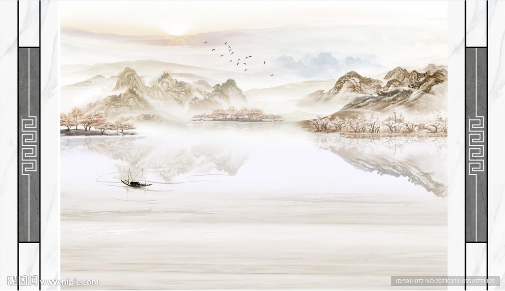 水墨山水画背景墙 装饰画 朝霞