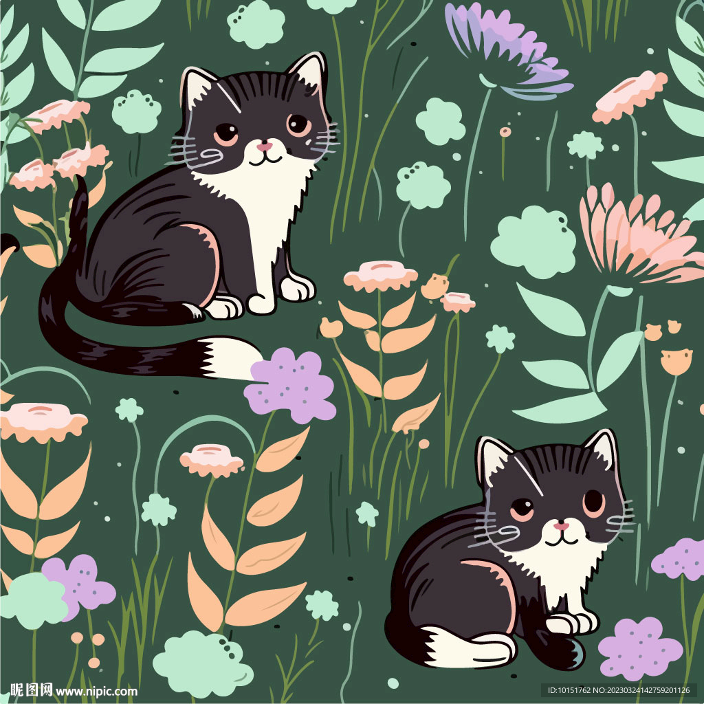 猫咪布料底纹卡通多彩图案